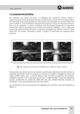 4.5) SOLDAGEM POR RESISTÊNCIA.
Ao contrário dos outros processos, a soldagem por resistência elétrica utiliza o
aquecimento por efeito Joule para realizar a fusão da face comum entre as duas chapas.
O efeito Joule ocorre pela geração de calor através da passagem de corrente elétrica em
uma resistência. Este fenômeno é utilizado para aquecer a água em chuveiros elétricos.
No caso da soldagem, a maior resistência está localizada exatamente na superfície
interna das chapas, utilizando-se as condições corretas de soldagem. Com a aplicação
da pressão pelos eletrodos de cobre e a posterior passagem de corrente, ocorre a fusão
desta face em comum, formando o ponto. A figura 12 apresenta um esquema deste
processo.
Fig. 12 - Esquema do processo de soldagem por resistência elétrica a ponto.
Este processo apresenta uma série de variantes , porém todas utilizando a corrente elétrica e a
aplicação de pressão. Dentre os processos é interessante ressaltar a soldagem de tubos com
costura (ERW). Neste caso, a corrente elétrica induz correntes na superfície dos chanfros,
fundindo o material. Com a aplicação da pressão, a região fundida é quase que totalmente
expulsa, produzindo um cordão de solda com uma zona fundida bastante reduzida, ou
inexistente, e uma zona afetada pelo calor bem estreita.
As características gerais dos processos de soldagem por resistência estão apresentadas na
tabela 11.
27Soldagem dos aços inoxidáveis
 