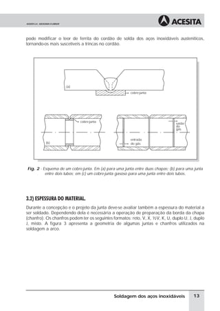 pode modificar o teor de ferrita do cordão de solda dos aços inoxidáveis austeníticos,
tornando-os mais suscetíveis a trincas no cordão.
Fig. 2 - Esquema de um cobre-junta. Em (a) para uma junta entre duas chapas; (b) para uma junta
entre dois tubos; em (c) um cobre-junta gasoso para uma junta entre dois tubos.
3.2) ESPESSURA DO MATERIAL.
Durante a concepção e o projeto da junta deve-se avaliar também a espessura do material a
ser soldado. Dependendo dela é necessária a operação de preparação da borda da chapa
(chanfro). Os chanfros podem ter os seguintes formatos: reto, V, X, ½V, K, U, duplo U, J, duplo
J, misto. A figura 3 apresenta a geometria de algumas juntas e chanfros utilizados na
soldagem a arco.
13Soldagem dos aços inoxidáveis
(b)
cobre-junta
(a)
cobre-junta
entrada
do gás
saída
do
gás
 