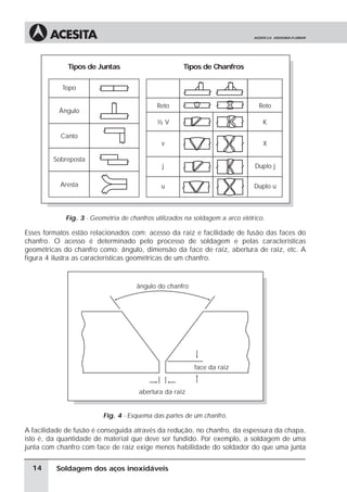 Soldagem dos aços inoxidáveis
Fig. 3 - Geometria de chanfros utilizados na soldagem a arco elétrico.
Esses formatos estão relacionados com: acesso da raiz e facilidade de fusão das faces do
chanfro. O acesso é determinado pelo processo de soldagem e pelas características
geométricas do chanfro como: ângulo, dimensão da face de raiz, abertura de raiz, etc. A
figura 4 ilustra as características geométricas de um chanfro.
Fig. 4 - Esquema das partes de um chanfro.
A facilidade de fusão é conseguida através da redução, no chanfro, da espessura da chapa,
isto é, da quantidade de material que deve ser fundido. Por exemplo, a soldagem de uma
junta com chanfro com face de raiz exige menos habilidade do soldador do que uma junta
14
face da raiz
abertura da raiz
ângulo do chanfro
Tipos de Juntas Tipos de Chanfros
Reto
½ V
v X
j Duplo j
u Duplo u
K
Reto
Topo
Ângulo
Canto
Sobreposta
Aresta
 