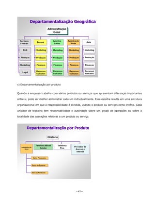 - 17 –
c) Departamentalização por produto
Quando a empresa trabalha com vários produtos ou serviços que apresentam diferenças importantes
entre si, pode ser melhor administrar cada um individualmente. Essa escolha resulta em uma estrutura
organizacional em que a responsabilidade é dividida, usando o produto ou serviços como critério. Cada
unidade de trabalho tem responsabilidade e autoridade sobre um grupo de operações ou sobre a
totalidade das operações relativas a um produto ou serviço.
 