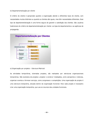 - 18 –
d) Departamentalização por cliente
O critério do cliente é apropriado quando a organização atende a diferentes tipos de cliente, com
necessidades muitos distintas ou quando os clientes são iguais, mas têm necessidades diferentes. Esse
tipo de departamentalização é uma forma segura de garantir a satisfação dos clientes. São usuários
tradicionais do critério de departamentalização por cliente: as lojas de departamentos e as agências de
propaganda.
e) Organização por projetos – Estrutura Matricial
As atividades temporárias, chamadas projetos, são realizadas por estruturas organizacionais
temporárias. São exemplos de projetos: projetar e construir instalações, como aeroportos e rodovias,
organizar eventos e fornecer serviços, como congressos e competições. Uma organização de projeto é
uma estrutura temporária, alocada dentro da organização funcional. Para cada projeto é necessário
criar uma organização temporária, que usa os recursos das unidades funcionais.
 