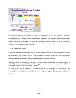 - 19 –
Na prática as organizações assumem uma estrutura combinando dois ou mais critérios. A estrutura
organizacional deve também apresentar flexibilidade necessária para ser modificada sempre que as
condições externas à empresa, ou seja, as variáveis ambientais sofram grandes mudanças,
impactando no desempenho da organização.
1.1.3. O Processo de Direção
O processo de Direção consiste na realização das atividades planejadas, cuja natureza depende do tipo
de organização, dos objetivos fixados, das estratégias escolhidas, bem como das competências
pessoais, da disponibilidade de recursos materiais e de outros fatores diversos.
Também chamado de “Processo de Execução”, a Direção envolve a supervisão, o acompanhamento, a
motivação, o exercício da autoridade e da liderança, além de outros fatores que efetivamente farão a
organização navegar rumo aos objetivos traçados.
Os dados de entrada do processo de Direção/Execução são os processos de planejamento e de
organização. Os resultados da execução, conforme a figura a seguir, são os próprios produtos e
serviços:
 
