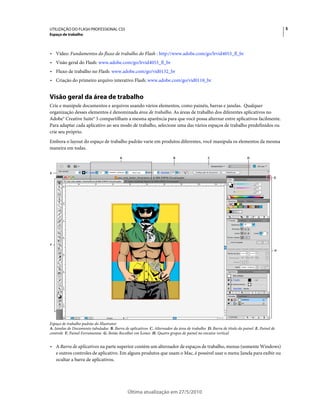 UTILIZAÇÃO DO FLASH PROFESSIONAL CS5                                                                                                    5
Espaço de trabalho



• Vídeo: Fundamentos do fluxo de trabalho do Flash : http://www.adobe.com/go/lrvid4053_fl_br
• Visão geral do Flash: www.adobe.com/go/lrvid4053_fl_br
• Fluxo de trabalho no Flash: www.adobe.com/go/vid0132_br
• Criação do primeiro arquivo interativo Flash: www.adobe.com/go/vid0118_br


Visão geral da área de trabalho
Crie e manipule documentos e arquivos usando vários elementos, como painéis, barras e janelas. Qualquer
organização desses elementos é denominada área de trabalho. As áreas de trabalho dos diferentes aplicativos no
Adobe® Creative Suite® 5 compartilham a mesma aparência para que você possa alternar entre aplicativos facilmente.
Para adaptar cada aplicativo ao seu modo de trabalho, selecione uma das vários espaços de trabalho predefinidos ou
crie seu próprio.
Embora o layout do espaço de trabalho padrão varie em produtos diferentes, você manipula os elementos da mesma
maneira em todas.
                                         A                               B                   C                      D



E
                                                                                                                                    G




F
                                                                                                                                    H




Espaço de trabalho padrão do Illustrator
A. Janelas de Documento tabuladas B. Barra de aplicativos C. Alternador da área de trabalho D. Barra de título do painel E. Painel de
controle F. Painel Ferramentas G. Botão Recolher em Ícones H. Quatro grupos de painel no encaixe vertical


• A Barra de aplicativos na parte superior contém um alternador de espaços de trabalho, menus (somente Windows)
  e outros controles de aplicativo. Em alguns produtos que usam o Mac, é possível usar o menu Janela para exibir ou
  ocultar a barra de aplicativos.




                                             Última atualização em 27/5/2010
 