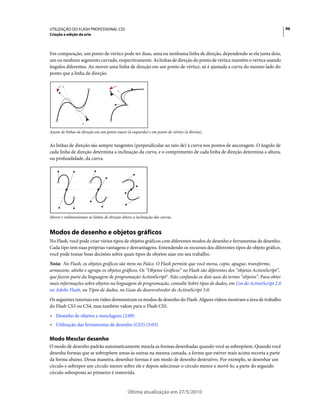 UTILIZAÇÃO DO FLASH PROFESSIONAL CS5                                                                                       96
Criação e edição da arte



Em comparação, um ponto de vértice pode ter duas, uma ou nenhuma linha de direção, dependendo se ela junta dois,
um ou nenhum segmento curvado, respectivamente. As linhas de direção do ponto de vértice mantêm o vértice usando
ângulos diferentes. Ao mover uma linha de direção em um ponto de vértice, só é ajustada a curva do mesmo lado do
ponto que a linha de direção.




Ajuste de linhas de direção em um ponto suave (à esquerda) e em ponto de vértice (à direita).


As linhas de direção são sempre tangentes (perpendicular ao raio de) à curva nos pontos de ancoragem. O ângulo de
cada linha de direção determina a inclinação da curva, e o comprimento de cada linha de direção determina a altura,
ou profundidade, da curva.




Mover e redimensionar as linhas de direção altera a inclinação das curvas.


Modos de desenho e objetos gráficos
No Flash, você pode criar vários tipos de objetos gráficos com diferentes modos de desenho e ferramentas de desenho.
Cada tipo tem suas próprias vantagens e desvantagens. Entendendo os recursos dos diferentes tipos de objeto gráfico,
você pode tomar boas decisões sobre quais tipos de objetos usar em seu trabalho.
Nota: No Flash, os objetos gráficos são itens no Palco. O Flash permite que você mova, copie, apague, transforme,
armazene, alinhe e agrupe os objetos gráficos. Os “Objetos Gráficos” no Flash são diferentes dos “objetos ActionScript”,
que fazem parte da linguagem de programação ActionScript®. Não confunda os dois usos do termo “objetos”. Para obter
mais informações sobre objetos na linguagem de programação, consulte Sobre tipos de dados, em Uso do ActionScript 2.0
no Adobe Flash, ou Tipos de dados, no Guia do desenvolvedor do ActionScript 3.0.
Os seguintes tutoriais em vídeo demonstram os modos de desenho do Flash. Alguns vídeos mostram a área de trabalho
do Flash CS3 ou CS4, mas também valem para o Flash CS5.
• Desenho de objetos e mesclagens (2:09)
• Utilização das ferramentas de desenho (CS3) (5:03)

Modo Mesclar desenho
O modo de desenho padrão automaticamente mescla as formas desenhadas quando você as sobrepõem. Quando você
desenha formas que se sobrepõem umas às outras na mesma camada, a forma que estiver mais acima recorta a parte
da forma abaixo. Dessa maneira, desenhar formas é um modo de desenho destrutivo. Por exemplo, se desenhar um
círculo e sobrepor um círculo menor sobre ele e depois selecionar o círculo menor e movê-lo, a parte do segundo
círculo sobreposta ao primeiro é removida.


                                               Última atualização em 27/5/2010
 