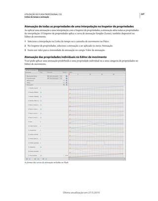 UTILIZAÇÃO DO FLASH PROFESSIONAL CS5                                                                                  227
Linhas de tempo e animação




Atenuação de todas as propriedades de uma interpolação no Inspetor de propriedades
Ao aplicar uma atenuação a uma interpolação com o Inspetor de propriedades, a atenuação afeta todas as propriedades
da interpolação. O Inspetor de propriedades aplica a curva de atenuação Simples (Lento), também disponível no
Editor de movimento.
1 Selecione a interpolação na Linha do tempo ou o caminho de movimento no Palco.
2 No Inspetor de propriedades, selecione a atenuação a ser aplicada no menu Atenuação.
3 Insira um valor para a intensidade da atenuação no campo Valor da atenuação.


Atenuação das propriedades individuais no Editor de movimento
Você pode aplicar uma atenuação predefinida a uma propriedade individual ou a uma categoria de propriedades no
Editor de movimento.




As formas das curvas de atenuação incluídas no Flash.




                                              Última atualização em 27/5/2010
 