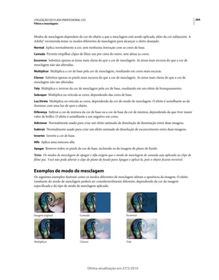 UTILIZAÇÃO DO FLASH PROFESSIONAL CS5                                                                                   264
Filtros e mesclagens



Modos de mesclagem dependem da cor do objeto a que a mesclagem está sendo aplicada, além da cor subjacente. A
Adobe® recomenda testar os modos diferentes de mesclagem para alcançar o efeito desejado.
Normal Aplica normalmente a cor, sem nenhuma interação com as cores de base.

Camada Permite empilhar clipes de filme um por cima do outro, sem afetar as cores.

Escurecer Substitui apenas as áreas mais claras do que a cor de mesclagem. As áreas mais escuras do que a cor de
mesclagem não são alteradas.
Multiplicar Multiplica a cor de base pela cor de mesclagem, resultando em cores mais escuras.

Clarear Substitui apenas os pixels mais escuros do que a cor de mesclagem. As áreas mais claras do que a cor de
mesclagem não são alteradas.
Tela Multiplica o inverso da cor de mesclagem pela cor de base, resultando em um efeito de branqueamento.

Sobrepor Multiplica ou reticula as cores, dependendo das cores de base.

Luz Direta Multiplica ou reticula as cores, dependendo da cor do modo de mesclagem. O efeito é semelhante ao de
iluminar com uma luz de spot o objeto.
Diferença Subtrai a cor de mistura da cor de base ou a cor de base da cor de mistura, dependendo da que tiver maior
valor de brilho. O efeito é semelhante a um negativo em cores.
Adicionar Normalmente usado para criar um efeito animado de dissolução de iluminação entre duas imagens.

Subtrair Normalmente usado para criar um efeito animado de dissolução de escurecimento entre duas imagens.

Inverter Inverte a cor de base.

Alfa Aplica uma máscara alfa.

Apagar Remove todos os pixels da cor de base, incluindo os da imagem de plano de fundo.

Nota: Os modos de mesclagem de apagar e alfa exigem que o modo de mesclagem de camada seja aplicado ao clipe de
filme pai. Você não pode alterar o clipe de plano de fundo para Apagar e aplicá-lo, pois o objeto ficaria invisível.


Exemplos de modo de mesclagem
Os seguintes exemplos ilustram como os modos diferentes de mesclagem afetam a aparência da imagem. O efeito
resultante do modo de mesclagem poderá ser consideravelmente diferente, dependendo da cor da imagem
especificada e do tipo de modo de mesclagem aplicado.




Imagem original                   Camada                            Escurecer




Multiplicar                       Clarear                           Tela




                                        Última atualização em 27/5/2010
 