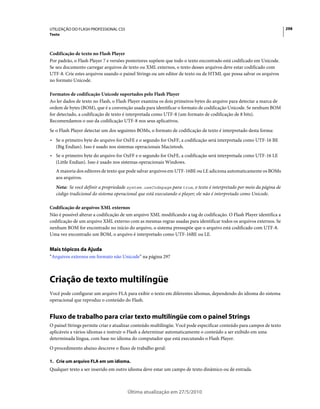 UTILIZAÇÃO DO FLASH PROFESSIONAL CS5                                                                                   298
Texto



Codificação de texto no Flash Player
Por padrão, o Flash Player 7 e versões posteriores supõem que todo o texto encontrado está codificado em Unicode.
Se seu documento carregar arquivos de texto ou XML externos, o texto desses arquivos deve estar codificado com
UTF-8. Crie estes arquivos usando o painel Strings ou um editor de texto ou de HTML que possa salvar os arquivos
no formato Unicode.

Formatos de codificação Unicode suportados pelo Flash Player
Ao ler dados de texto no Flash, o Flash Player examina os dois primeiros bytes do arquivo para detectar a marca de
ordem de bytes (BOM), que é a convenção usada para identificar o formato de codificação Unicode. Se nenhum BOM
for detectado, a codificação de texto é interpretada como UTF-8 (um formato de codificação de 8 bits).
Recomendamos o uso da codificação UTF-8 nos seus aplicativos.
Se o Flash Player detectar um dos seguintes BOMs, o formato de codificação de texto é interpretado desta forma:
• Se o primeiro byte do arquivo for OxFE e o segundo for OxFF, a codificação será interpretada como UTF-16 BE
  (Big Endian). Isso é usado nos sistemas operacionais Macintosh.
• Se o primeiro byte do arquivo for OxFF e o segundo for OxFE, a codificação será interpretada como UTF-16 LE
  (Little Endian). Isso é usado nos sistemas operacionais Windows.
   A maioria dos editores de texto que pode salvar arquivos em UTF-16BE ou LE adiciona automaticamente os BOMs
   aos arquivos.
   Nota: Se você definir a propriedade system.useCodepage para true, o texto é interpretado por meio da página de
   código tradicional do sistema operacional que está executando o player; ele não é interpretado como Unicode.

Codificação de arquivos XML externos
Não é possível alterar a codificação de um arquivo XML modificando a tag de codificação. O Flash Player identifica a
codificação de um arquivo XML externo com as mesmas regras usadas para identificar todos os arquivos externos. Se
nenhum BOM for encontrado no início do arquivo, o sistema pressupõe que o arquivo está codificado com UTF-8.
Uma vez encontrado um BOM, o arquivo é interpretado como UTF-16BE ou LE.


Mais tópicos da Ajuda
“Arquivos externos em formato não Unicode” na página 297



Criação de texto multilíngüe
Você pode configurar um arquivo FLA para exibir o texto em diferentes idiomas, dependendo do idioma do sistema
operacional que reproduz o conteúdo do Flash.


Fluxo de trabalho para criar texto multilíngüe com o painel Strings
O painel Strings permite criar e atualizar conteúdo multilíngüe. Você pode especificar conteúdo para campos de texto
aplicáveis a vários idiomas e instruir o Flash a determinar automaticamente o conteúdo a ser exibido em uma
determinada língua, com base no idioma do computador que está executando o Flash Player.
O procedimento abaixo descreve o fluxo de trabalho geral:

1. Crie um arquivo FLA em um idioma.
Qualquer texto a ser inserido em outro idioma deve estar um campo de texto dinâmico ou de entrada.



                                       Última atualização em 27/5/2010
 
