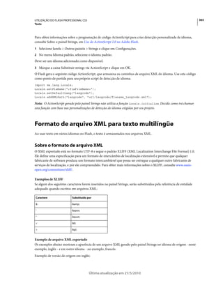 UTILIZAÇÃO DO FLASH PROFESSIONAL CS5                                                                                  303
Texto



Para obter informações sobre a programação de código ActionScript para criar detecção personalizada de idioma,
consulte Sobre o painel Strings, em Uso do ActionScript 2.0 no Adobe Flash.
1 Selecione Janela > Outros painéis > Strings e clique em Configurações.
2 No menu Idioma padrão, selecione o idioma padrão.
Deve ser um idioma adicionado como disponível.
3 Marque a caixa Substituir strings via ActionScript e clique em OK.
O Flash gera o seguinte código ActionScript, que armazena os caminhos de arquivo XML do idioma. Use este código
como ponto de partida para seu próprio script de detecção de idioma.
import mx.lang.Locale;
Locale.setFlaName("<flaFileName>");
Locale.setDefaultLang("langcode");
Locale.addXMLPath("langcode", "url/langcode/flaname_langcode.xml");

Nota: O ActionScript gerado pelo painel Strings não utiliza a função Locale.initialize. Decida como irá chamar
esta função com base nas personalizações de detecção de idioma exigidas por seu projeto.



Formato de arquivo XML para texto multilíngüe
Ao usar texto em vários idiomas no Flash, o texto é armazenados nos arquivos XML.


Sobre o formato de arquivo XML
O XML exportado está no formato UTF-8 e segue o padrão XLIFF (XML Localization Interchange File Format) 1.0.
Ele define uma especificação para um formato de intercâmbio de localização extensível e permite que qualquer
fabricante de software produza um formato intercambiável que possa ser entregue a qualquer outro fabricante de
serviços de localização, e por ele compreendido. Para obter mais informações sobre o XLIFF, consulte www.oasis-
open.org/committees/xliff/.

Exemplos de XLIFF
Se algum dos seguintes caracteres forem inseridos no painel Strings, serão substituídos pela referência de entidade
adequado quando escritos em arquivos XML:

Caractere                  Substituído por

&                          &amp;

'                          '

"                          "

<                          <

>                          >


Exemplo de arquivo XML exportado
Os exemplos abaixo mostram a aparência de um arquivo XML gerado pelo painel Strings no idioma de origem - neste
exemplo, inglês - e em outro idioma - no exemplo, francês:
Exemplo de versão de origem em inglês:




                                        Última atualização em 27/5/2010
 
