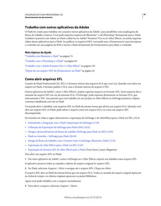 UTILIZAÇÃO DO FLASH PROFESSIONAL CS5                                                                                   41
Gerenciamento de documentos




Trabalho com outros aplicativos da Adobe
O Flash foi criado para trabalhar em conjunto outros aplicativos da Adobe®, para possibilitar uma ampla gama de
fluxos de trabalho criativos. Você pode importar arquivos do Illustrator ® e do Photoshop® diretamente para o Flash.
Também é possível criar vídeos no Flash e editá-los no Adobe® Premiere® Pro ou no After Effects®, ou ainda importar
vídeos desses aplicativos para o Flash. Ao publicar os arquivos SWF, você pode usar o Dreamweaver® para incorporar
o conteúdo em suas páginas da Web e iniciar o Flash diretamente do Dreamweaver para editar o conteúdo.


Mais tópicos da Ajuda
“Trabalho com Illustrator e Flash” na página 74
“Trabalho com o Photoshop e o Flash” na página 83
“Trabalho com o Adobe Premiere Pro e o After Effects” na página 333
“Edição de um arquivo SWF do Dreamweaver no Flash” na página 42


Como abrir arquivos XFL
A partir do Flash Professional CS5, XFL é o formato interno dos arquivos FLA que você cria. Quando você salva um
arquivo no Flash, o formato padrão é FLA, mas o formato interno do arquivo é XFL.
Outros aplicativos da Adobe®, como o After Effects®, podem exportar arquivos no formato XFL. Esses arquivos têm a
extensão de arquivo XFL em vez da extensão FLA. O InDesign® pode exportar diretamente no formato FLA, que
internamente e XFL. Isso permite que você trabalhe em um projeto no After Effects ou InDesign primeiro e depois
continue trabalhando com ele no Flash.
Você pode abrir e trabalhar com arquivos XFL no Flash da mesma forma que abriria um arquivo FLA. Quando você
abre um arquivo XFL no Flash, pode salvar o arquivo como um arquivo FLA, ou como um arquivo XFL
descompactado.
Os tutoriais em vídeo a seguir demonstram a exportação do InDesign e do AfterEffects para o Flash via XFL e FLA:
• Entendendo a integração com o Flash (importação do InDesign) (5:10)
• Utilização da Exportação do InDesign para Flash (XFL) (6:22)
• Design e desenvolvimento de fluxos de trabalho (InDesign para Flash via XFL) (4:49)
• Flash na Austrália – InDesign para Flash (28:38)
• Design de fluxos de trabalho com o Creative Suite 4 (InDesign, Illustrator, Flash) (3:34)
• Exportação do After Effects para o Flash via XFL (2:43)
• Exportação do formato XFL do After Effects para o Flash (Tom Green, Layers Magazine)
Para abrir um arquivo XFL no Flash:
1 Em outro aplicativo da Adobe®, como o InDesign ou o After Effects, exporte seu trabalho como arquivo XFL.
O aplicativo preserva todas as camadas e objetos do arquivo original no arquivo XFL.
2 No Flash, selecione Arquivo > Abrir e navegue até o arquivo XFL. Clique em Abrir.
O arquivo XFL abre no Flash da mesma forma que um arquivo FLA. Todas as camadas do arquivo original aparecem
na Linha do tempo e os objetos originais aparecem no painel Biblioteca.
Agora você pode trabalhar com o arquivo normalmente.
3 Para salvar o arquivo, selecione Arquivo > Salvar.



                                       Última atualização em 27/5/2010
 