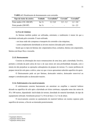 11
TABELA 2. Rendimento de desmatamento com correntão.
Tipo de trator de esteira Unidade Cerradinho6
Cerrado7
Cerradão8
Porte médio (150 -200 HP) ha / h 3,3 -5,0 2,5 - 3,3 1,2 - 2,0
Porte pesado (300 HP) ha / h - - 1,6 - 2,5
f3) Uso de Lâminas
As lâminas também podem ser utilizadas, entretanto o rendimento é menor do que a
derrubada realizada pelo correntão. É mais utilizada:
- em áreas onde não compensa o transporte do correntão e das máquinas;
- como complemento derrubando as árvores maiores deixadas pelo correntão.
Sendo que os tipos de lâminas são: empurradora (lisa), cortadora, lâmina com empurrador,
lâmina com braço fleco e tesourão.
2.1.5. Destocamento
Consiste na eliminação dos tocos remanescentes de uma área, após a derrubada. Envolve,
portanto a retirada da parte aérea do toco e de suas raízes até uma profundidade desejada, com o
intuito de não prejudicar as operações subseqüentes de preparo do terreno. É o maior problema do
preparo inicial do solo para o cultivo, uma vez que o tocos apresentam reduzida superfície de apoio.
O Destocamento pode ser por lâminas, destocador rotativo, destocador removível ou
stumper e retrodestocador ou destocador traseiro.
2.1.6. Enleiramento e/ou encoivaramento
O enleiramento consiste basicamente em amontoar ou empilhar o material lenhoso
deixado na superfície do solo após a derrubada em leiras contínuas, espaçadas umas das outras de
30 a 100 metros, dependendo: declividade do terreno; densidade do material derrubado; do tipo de
equipamento utilizado. Geralmente possui 5 a 10 m de base e 2 a 3 m de altura.
O encoivamento consiste no ajuntamento do material lenhoso em montes esparsos pela
superfície do terreno, a fim de ser destruído posteriormente.
6
Vegetação arbustiva
7
Vegetação arbórea aberta
8
Vegetação arbórea densa
 