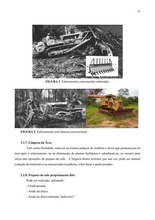 13
FIGURA 1. Enleiramento com ancinho enleirador.
FIGURA 2. Enleiramento com lâmina convencional.
2.1.7. Limpeza da Área
Tem como finalidade, remover ou triturar pedaços de madeira e raízes que permanecem na
área após o enleiramento ou na eliminação de plantas herbáceas e subarbustivas, ou mesmo para
início das operações de preparo do solo. A limpeza destes terrenos, por sua vez, pode ser manual
(catação do material) e/ou mecanizada (roçadoras, rolos-facas e grade pesada).
2.1.8. Preparo do solo propriamente dito
Pode ser realizado, utilizando:
- Grade pesada;
- Arado de disco;
- Arado de disco chamado "pula toco".
 