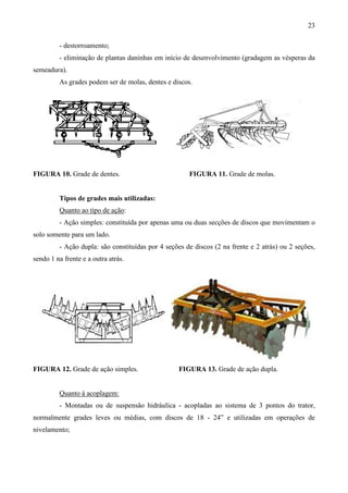 23
- destorroamento;
- eliminação de plantas daninhas em início de desenvolvimento (gradagem as vésperas da
semeadura).
As grades podem ser de molas, dentes e discos.
FIGURA 10. Grade de dentes. FIGURA 11. Grade de molas.
Tipos de grades mais utilizadas:
Quanto ao tipo de ação:
- Ação simples: constituída por apenas uma ou duas secções de discos que movimentam o
solo somente para um lado.
- Ação dupla: são constituídas por 4 seções de discos (2 na frente e 2 atrás) ou 2 seções,
sendo 1 na frente e a outra atrás.
FIGURA 12. Grade de ação simples. FIGURA 13. Grade de ação dupla.
Quanto à acoplagem:
- Montadas ou de suspensão hidráulica - acopladas ao sistema de 3 pontos do trator,
normalmente grades leves ou médias, com discos de 18 - 24” e utilizadas em operações de
nivelamento;
 