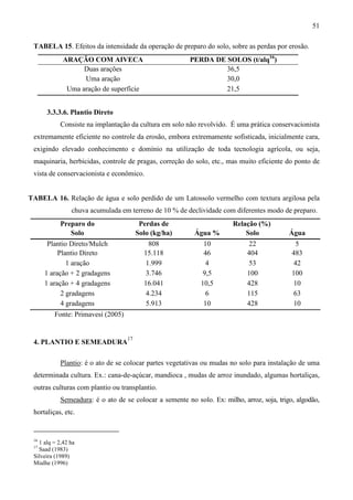 51
TABELA 15. Efeitos da intensidade da operação de preparo do solo, sobre as perdas por erosão.
ARAÇÃO COM AIVECA PERDA DE SOLOS (t/alq16
)
Duas arações 36,5
Uma aração 30,0
Uma aração de superfície 21,5
3.3.3.6. Plantio Direto
Consiste na implantação da cultura em solo não revolvido. É uma prática conservacionista
extremamente eficiente no controle da erosão, embora extremamente sofisticada, inicialmente cara,
exigindo elevado conhecimento e domínio na utilização de toda tecnologia agrícola, ou seja,
maquinaria, herbicidas, controle de pragas, correção do solo, etc., mas muito eficiente do ponto de
vista de conservacionista e econômico.
TABELA 16. Relação de água e solo perdido de um Latossolo vermelho com textura argilosa pela
chuva acumulada em terreno de 10 % de declividade com diferentes modo de preparo.
Preparo do Perdas de Relação (%)
Solo Solo (kg/ha) Água % Solo Água
Plantio Direto/Mulch 808 10 22 5
Plantio Direto 15.118 46 404 483
1 aração 1.999 4 53 42
1 aração + 2 gradagens 3.746 9,5 100 100
1 aração + 4 gradagens 16.041 10,5 428 10
2 gradagens 4.234 6 115 63
4 gradagens 5.913 10 428 10
Fonte: Primavesi (2005)
4. PLANTIO E SEMEADURA
17
Plantio: é o ato de se colocar partes vegetativas ou mudas no solo para instalação de uma
determinada cultura. Ex.: cana-de-açúcar, mandioca , mudas de arroz inundado, algumas hortaliças,
outras culturas com plantio ou transplantio.
Semeadura: é o ato de se colocar a semente no solo. Ex: milho, arroz, soja, trigo, algodão,
hortaliças, etc.
16
1 alq = 2,42 ha
17
Saad (1983)
Silveira (1989)
Mialhe (1996)
 
