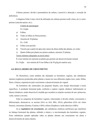70
Culturas perenes: devido à permanência da cultura, é possível a detecção e correção da
deficiência.
A diagnose foliar é mais viável de utilização em culturas perenes (café, citrus, etc.) e semi-
perenes (cana-de-açúcar, etc.).
Critério de amostragem
Ex: Feijão
a) Folhas;
b) Todas as folhas no florescimento;
c) Amostra de 10 plantas;
Ex.: Café
a) Folhas com pecíolo;
b) Terceiro par a partir do ápice dos ramos da altura média das plantas, no verão;
c) Quatro folhas por planta nos pontos cardeais, amostrar 25 plantas.
Teores mínimos adequados ou nível crítico
É o teor mínimo do nutriente na planta que permite um desenvolvimento normal.
Ex: Feijão ⇒ teor mínimo de N nas folhas é de 30 g/kg de matéria seca.
6.8. REGULADORES DE CRESCIMENTO
Os fitormônios, como também são chamados os hormônios vegetais, são substâncias
naturais (orgânicas) produzidas pelas plantas e atuam em seus diferentes órgãos (raiz, caule, folhas,
flores e frutos), responsáveis pelo crescimento e desenvolvimento do vegetal.
Os hormônios são sintetizados em pequenas frações, com função direcionada a locais
específicos. A produção hormonal pode, conforme a espécie vegetal, obedecer indiretamente os
fatores climáticos, sendo observável à medida que sucedem as estações sazonais do ano: primavera,
verão, outono e inverno.
Entre as categorias de hormônios vegetais, relacionados à divisão celular, crescimento e
diferenciação, destacam-se: as auxinas (IAA ou AIA, IBA, ANA,) giberelinas (GAs em várias
formas), citocininas (Zeatina, Cinetina, 6-BA), etileno (Etephon) e ácido abscísico (ABA).
Já os reguladores de crescimento, são substâncias sintéticas (artificiais) que interferem
no balanço hormonal das plantas, inibindo a síntese e a movimentação dos hormônios vegetais.
Estas substâncias quando aplicadas sobre as plantas alteram seu crescimento em altura e
desenvolvimento de ramos laterais.
 
