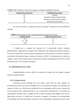 79
TABELA 18. Temperatura máxima de secagem em relação à finalidade do produto.
Temperatura máxima de Finalidade do produto
43 sementes
60 alimentos consumo humano direto
70 alimento consumo humano indireto
80 alimento consumo animal
No caso de sementes, a temperatura inicial de secagem é função do teor de umidade das
sementes.
TABELA 19. Umidade inicial e umidade máxima de secagem de sementes.
Umidade inicial Temperatura máxima de
> 18% 32
10 – 18% 38
< 10% 43
À medida que a secagem das sementes for se processando, pode-se aumentar
gradativamente a temperatura de secagem. Estas temperaturas são válidas para secadores contínuos,
no caso dos intermitentes, onde as sementes permanecem um curto período na câmara de secagem e
um período relativamente longo na câmara de descanso (FASE II), retornando para a câmara de
secagem e assim sucessivamente, pode-se utilizar para sementes, temperaturas de até 70o
C na saída
da fonte de calor e 55o
C na frente de secagem.
8.6. MÉTODOS DE SECAGEM
Fundamentalmente, pode-se dividir os métodos de secagem em dois grupos: secagem
natural e secagem artificial.
8.6.1. Secagem natural
Caracteriza-se pela utilização dos raios solares como fonte de calor, podendo ser
processada em terreiros (os mais aconselhados são os de alvenaria), encerados, nas condições dos
campos de cultivo, etc. Nestes casos, geralmente não são empregados artifícios para o aumento da
taxa de secagem como: o aquecimento do ar e, ou, o aumento de velocidade do ar. As sementes são
esparramadas, devendo tomar o cuidado de não se utilizar camadas muito delgadas para evitar o
aquecimento excessivo. À medida que se processa a secagem, as sementes são constantemente
movimentadas com rodos de madeira e aos poucos vai se aumentando a espessura da camada. Após
 