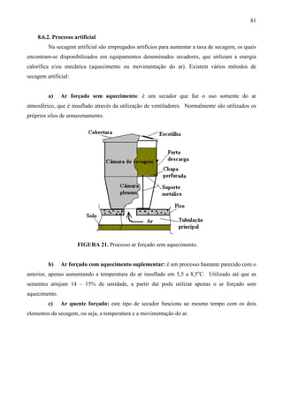 81
8.6.2. Processo artificial
Na secagem artificial são empregados artifícios para aumentar a taxa de secagem, os quais
encontram-se disponibilizados em equipamentos denominados secadores, que utilizam a energia
calorífica e/ou mecânica (aquecimento ou movimentação do ar). Existem vários métodos de
secagem artificial:
a) Ar forçado sem aquecimento: é um secador que faz o uso somente do ar
atmosférico, que é insuflado através da utilização de ventiladores. Normalmente são utilizados os
próprios silos de armazenamento.
FIGURA 21. Processo ar forçado sem aquecimento.
b) Ar forçado com aquecimento suplementar: é um processo bastante parecido com o
anterior, apenas aumentando a temperatura do ar insuflado em 5,5 a 8,5o
C. Utilizado até que as
sementes atinjam 14 – 15% de umidade, a partir daí pode utilizar apenas o ar forçado sem
aquecimento.
c) Ar quente forçado: este tipo de secador funciona ao mesmo tempo com os dois
elementos da secagem, ou seja, a temperatura e a movimentação do ar.
 
