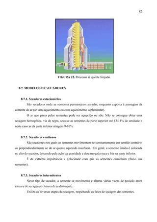 82
FIGURA 22. Processo ar quente forçado.
8.7. MODELOS DE SECADORES
8.7.1. Secadores estacionários
São secadores onde as sementes permanecem paradas, enquanto exposta à passagem da
corrente do ar (ar sem aquecimento ou com aquecimento suplementar).
O ar que passa pelas sementes pode ser aquecido ou não. Não se consegue obter uma
secagem homogênea, via de regra, seca-se as sementes da parte superior até 13-14% de umidade e
neste caso as da parte inferior atingem 9-10%.
8.7.2. Secadores contínuos
São secadores nos quais as sementes movimentam-se constantemente em sentido contrário
ou perpendicularmente ao do ar quente aquecido insuflado. Em geral, a semente úmida é colocada
no alto do secador, descendo pela ação da gravidade e descarregada seca e fria na parte inferior.
É de extrema importância a velocidade com que as sementes caminham (fluxo das
sementes).
8.7.3. Secadores intermitentes
Neste tipo de secador, a semente se movimenta e alterna várias vezes de posição entre
câmara de secagem e câmara de resfriamento.
Utiliza as diversas etapas da secagem, respeitando as fases de secagem das sementes.
 