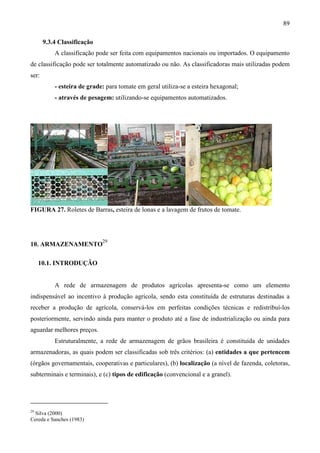 89
9.3.4 Classificação
A classificação pode ser feita com equipamentos nacionais ou importados. O equipamento
de classificação pode ser totalmente automatizado ou não. As classificadoras mais utilizadas podem
ser:
- esteira de grade: para tomate em geral utiliza-se a esteira hexagonal;
- através de pesagem: utilizando-se equipamentos automatizados.
FIGURA 27. Roletes de Barras, esteira de lonas e a lavagem de frutos de tomate.
10. ARMAZENAMENTO
29
10.1. INTRODUÇÂO
A rede de armazenagem de produtos agrícolas apresenta-se como um elemento
indispensável ao incentivo à produção agrícola, sendo esta constituída de estruturas destinadas a
receber a produção de agrícola, conservá-los em perfeitas condições técnicas e redistribuí-los
posteriormente, servindo ainda para manter o produto até a fase de industrialização ou ainda para
aguardar melhores preços.
Estruturalmente, a rede de armazenagem de grãos brasileira é constituída de unidades
armazenadoras, as quais podem ser classificadas sob três critérios: (a) entidades a que pertencem
(órgãos governamentais, cooperativas e particulares), (b) localização (a nível de fazenda, coletoras,
subterminais e terminais), e (c) tipos de edificação (convencional e a granel).
29
Silva (2000)
Cereda e Sanches (1983)
 