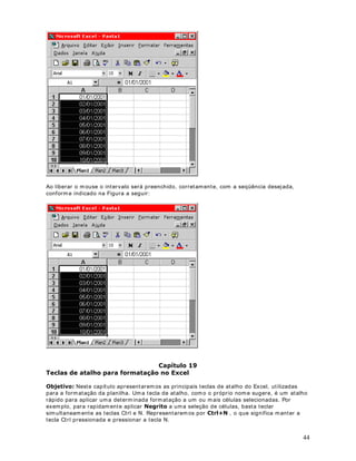 Observe que, no campo Tipo, já vem o formato padrão GGPPDD. Onde dd indica dois 
dígitos para o dia, mm indica dois dígitos para o mês e aa indica dois dígitos para o ano. Para 
formatar a data com quat ro dígitos para o ano, basta acrescentar mais um aa no campo 
Tipo, conforme indicado na Figura a seguir: 
12 
Com a formatação: dd/mm/ aaaa, estamos informando ao Excel, que o ano deve ser exibido 
com quat ro dígitos. Uma vez definida a formatação desejada dê um clique no botão OK. Na 
figura a seguir temos o exemplo onde os dados foram formatados ut ilizando a opção 
dd/mm/ aaaa, com quat ro dígitos para o ano: 
 