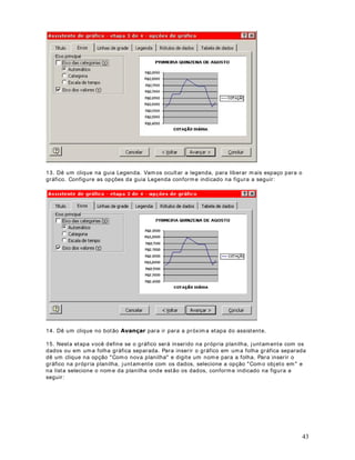 0DLVRSo}HVGH,PSUHVVmR 
2EMHWLYRNesta lição veremos mais algumas configurações de impressão. 
HQWUDOL]DQGRDSODQLOKDQDSiJLQD 
Por padrão o Excel inicia a impressão a part ir do canto superior esquerdo da folha, a part ir da 
margem definida nas configurações de impressão. Se t ivermos uma planilha pequena, 
podemos pedir que ela seja impressa cent ralizada em relação a página. Podemos cent ralizar 
tanto na vert ical quanto na horizontal. 
Para configurar as opções de cent ralização, ut ilize o comando $SiJLQD UTXLYR!RQILJXUDU Na janela que surge dê um clique na guia 0DUJHQV. Nesta guia podemos marcar as 
opções para cent ralização horizontal, vert ical ou ambas, conforme destacado na figura a 
seguir 
55 
3DUDLPSULPLUVRPHQWHSDUWHGHXPDSODQLOKD 
Podemos imprimir apenas uma faixa de células ao invés de toda a planilha. Para imprimir 
apenas uma faixa de células temos duas opções  
Selecionar a faixa a ser impressa antes de ut ilizar o comando $UTXLYR!,PSULPLU. Com 
isso será impressa somente a faixa selecionada  
Ut ilizar o comando $UTXLYR!RQILJXUDUSiJLQDe, na guia 3iJLQD, definir a faixa de 
células, manualmente, conforme indicado na figura a seguir  
 