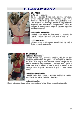 20
14) ELEVADOR DA ESCÁPULA
14.1 ATIVO
a) Forma de execução
De pé ou sentado, tronco ereto, abdômen contraído,
abduzir um dos braços no plano frontal até aprox. 135° e
flexionar o cotovelo até que a mão chegue atrás da nuca.
Girar a cabeça 45° na direção oposta ao braço abduzido
e apoiar a outra mão atrás da cabeça e fazer a flexão da
cabeça e do pescoço nessa diagonal. Sustentar a postura
pelo tempo indicado.
b) Músculos envolvidos
Elevador da escápula, escaleno posterior, esplênio da
cabeça, longuíssimo da cabeça, esplênio do pescoço.
c) Considerações
Manter o tronco ereto durante o movimento e o ombro
fletido em máxima extensão.
14.2 PASSIVO
a) Forma de execução
Sentado, tronco ereto, abdômen contraído, abduzir um dos
braços no plano frontal até aprox. 135° e flexionar o cotovelo
até que a mão chegue atrás da nuca. Girar a cabeça 45° na
direção oposta ao braço abduzido. O professor deve apoiar a
outra mão atrás da cabeça e fazer a flexão da cabeça e do
pescoço nessa diagonal. Sustentar a postura pelo tempo
indicado.
b) Músculos envolvidos
Elevador da escápula, escaleno posterior, esplênio da cabeça,
longuíssimo da cabeça, esplênio do pescoço.
c) Considerações
Manter o tronco ereto durante o movimento e o ombro fletido em máxima extensão.
 