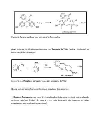 O
O
OHOH
+ 2 I2
O
O
OHOH
I I
I I
+ 4 HI
(eritrosina: carmim)
Esquema: Caracterização de iodo pelo reagente fluoresceína.
Cloro pode ser identificado especificamente pelo Reagente de Villier (anilina + o-toluídina); os
outros halogênios não reagem.
NH2
+
NH2
Cl2
NH2
NH2.Cl
azul arroxeado
+ op
Esquema: Identificação de cloro pela reação com o reagente de Villier.
Bromo pode ser específicamente identificado através de dois reagentes:
1- Reagente fluoresceína, que como já foi mencionado anteriormente, conduz à eosina pela ação
do bromo molecular. O cloro não reage e o iodo muito lentamente (não reage nas condições
especificadas no procedimento experimental).
 