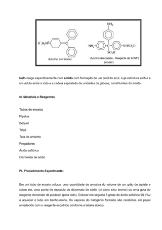 C
SO3H
NH2 NHSO2H
NH2
(fuccina descorada - Reagente de Schiff )
CX
-
.H2N
+
(fuccina: cor fucsia)
(incolor)
Iodo reage especificamente com amido com formação de um produto azul, cuja estrutura atribui a
um aduto entre o iodo e a cadeia espiralada de unidades de glicose, constituintes do amido.
III. Materiais e Reagentes
 
Tubos de ensaios
Pipetas
Béquer
Tripé
Tela de amianto
Pregadores
Ácido sulfúrico
Dicromato de sódio
IV. Procedimento Experimental
Em um tubo de ensaio colocar uma quantidade de amostra do volume de um grão de alpiste e
sobre ele, uma ponta de espátula de dicromato de sódio (p/ cloro e/ou bromo) ou uma gota do
reagente dicromato de potássio (para iodo). Colocar em seguida 5 gotas de ácido sulfúrico 98 p%v
e aquecer o tubo em banho-maria. Os vapores do halogênio formado são recebidos em papel
umedecido com o reagente escolhido conforme a tabela abaixo.
 