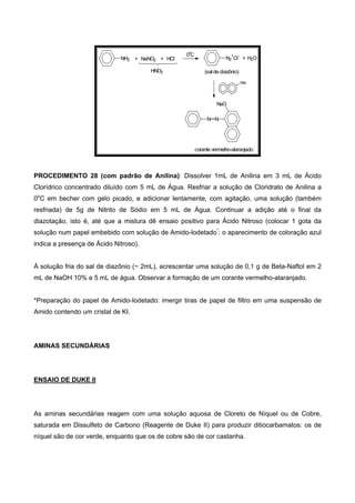 NH2 + NaNO2 + HCl
HNO2
0 C
o
N2
+
Cl
-
+ H2O
(sal de diazônio)
ONa
N N
NaO
corante vermelho-alaranjado
PROCEDIMENTO 28 (com padrão de Anilina): Dissolver 1mL de Anilina em 3 mL de Ácido
Clorídrico concentrado diluído com 5 mL de Água. Resfriar a solução de Cloridrato de Anilina a
0o
C em becher com gelo picado, e adicionar lentamente, com agitação, uma solução (também
resfriada) de 5g de Nitrito de Sódio em 5 mL de Água. Continuar a adição até o final da
diazotação, isto é, até que a mistura dê ensaio positivo para Ácido Nitroso (colocar 1 gota da
solução num papel embebido com solução de Amido-Iodetado*
: o aparecimento de coloração azul
indica a presença de Ácido Nitroso).
À solução fria do sal de diazônio (~ 2mL), acrescentar uma solução de 0,1 g de Beta-Naftol em 2
mL de NaOH 10% e 5 mL de água. Observar a formação de um corante vermelho-alaranjado.
*Preparação do papel de Amido-Iodetado: imergir tiras de papel de filtro em uma suspensão de
Amido contendo um cristal de KI.
AMINAS SECUNDÁRIAS
ENSAIO DE DUKE II
As aminas secundárias reagem com uma solução aquosa de Cloreto de Níquel ou de Cobre,
saturada em Dissulfeto de Carbono (Reagente de Duke II) para produzir ditiocarbamatos: os de
níquel são de cor verde, enquanto que os de cobre são de cor castanha.
 