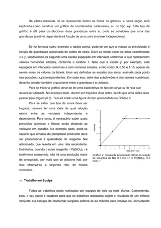 Há várias maneiras de se representar dados na forma de gráficos, e nesta seção será
explicada como construir um gráfico de coordenadas cartesianas, ou do tipo x-y. Este tipo de
gráfico é útil para correlacionar duas grandezas entre si, onde se considera que uma das
grandezas (variável dependente) é função de uma outra (variável independente).
Se for tomada como exemplo a tabela acima, pode-se ver que a massa do precipitado é
função da quantidade adicionada de iodeto de sódio. Deve-se então traçar os eixos coordenados
x e y, subdividindo-os segundo uma escala espaçada em intervalos uniformes e que representem
valores numéricos simples, conforme o Gráfico 1. Note que a escala y, por exemplo, está
espaçada em intervalos uniformes e com números simples, e não como: 0, 0,58 e 1,15, apesar de
serem estes os valores da tabela. Uma vez definidas as escalas dos eixos, assinale cada ponto
nas posições (x,y)correspondentes. Em cada eixo, além das subdivisões e dos valores numéricos,
deverão constar também o quociente entre a grandeza e a unidade.
Para se traçar o gráfico, deve-se ter uma expectativa do tipo de curva ou de reta que
deveráser utilizada. No exemplo dado, devem ser traçadas duas retas, sendo que uma delas deve
passar pela origem (0,0). Tem-se então uma figura do tipo apresentada no Gráfico 2.
Para se saber que tipo de curva deve ser
traçada, deve-se ter uma idéia de qual relação
existe entre as variáveis independente e
dependente. Para tanto, é necessário saber quais
princípios químicos e físicos estão afetando as
variáveis em questão. No exemplo dado, pode-se
esperar que amassa do precipitado produzido deve
ser proporcional à quantidade do reagente NaI
adicionado, que resulta em uma reta ascendente.
Entretanto, quando o outro reagente - Pb(NO3)2 - é
totalmente consumido, não há uma produção maior
de precipitado, por mais que se adicione NaI; por
isso observa-se a segunda reta, de massa
constante.
⇒ Trabalho em Equipe
Todos os trabalhos serão realizados por equipes de dois ou mais alunos. Compreenda,
pois, o seu papel e colabore para que os trabalhos realizados sejam o resultado de um esforço
conjunto. Na solução de problemas surgidos esforce-se ao máximo para resolve-los, consultando
 