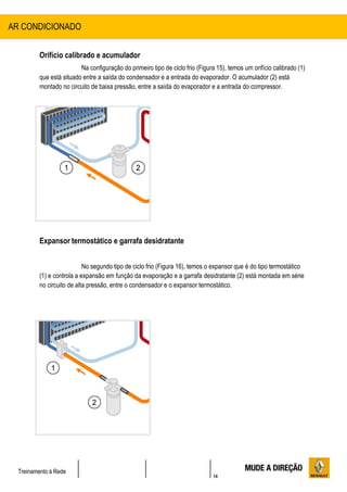 14
Treinamento à Rede
Orifício calibrado e acumulador
Na configuração do primeiro tipo de ciclo frio (Figura 15), temos um orifício calibrado (1)
que está situado entre a saída do condensador e a entrada do evaporador. O acumulador (2) está
montado no circuito de baixa pressão, entre a saída do evaporador e a entrada do compressor.
Figura 15
Expansor termostático e garrafa desidratante
No segundo tipo de ciclo frio (Figura 16), temos o expansor que é do tipo termostático
(1) e controla a expansão em função da evaporação e a garrafa desidratante (2) está montada em série
no circuito de alta pressão, entre o condensador e o expansor termostático.
Figura 16
AR CONDICIONADO
 