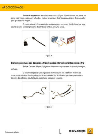 21
Treinamento à Rede
Sonda do evaporador: A sonda do evaporador (Figura 26) está situada nas aletas, no
ponto mais frio do evaporador. A função é medir a temperatura do ar que passa através do evaporador
para que este não congele.
O evaporador de todos os veículos equipados com compressor de cilindrada fixa, e de
alguns veículos com compressores de cilindrada variável, tem uma sonda.
Figura 26
Elementos comuns aos dois ciclos frios: ligações intercomponentes do ciclo frio
Tubos: Os tubos (Figura 27) ligam os diferentes componentes e facilitam a passagem
do fluido.
O ciclo frio dispõe de tubos rígidos de alumínio ou de aço e de tubos flexíveis de
borracha. Os tubos do circuito gasoso, ou de alta pressão, são de diâmetro grande enquanto que o
diâmetro dos tubos do circuito líquido, ou de baixa pressão, é pequeno.
Figura 27
AR CONDICIONADO
 