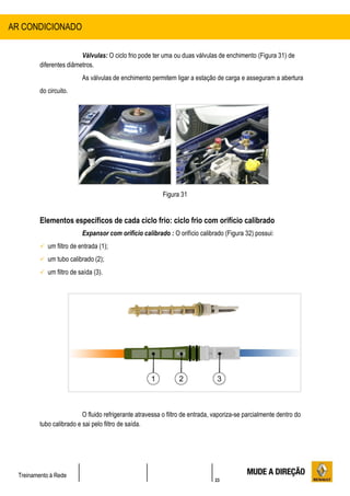 23
Treinamento à Rede
Válvulas: O ciclo frio pode ter uma ou duas válvulas de enchimento (Figura 31) de
diferentes diâmetros.
As válvulas de enchimento permitem ligar a estação de carga e asseguram a abertura
do circuito.
Figura 31
Elementos específicos de cada ciclo frio: ciclo frio com orifício calibrado
Expansor com orifício calibrado : O orifício calibrado (Figura 32) possui:
 um filtro de entrada (1);
 um tubo calibrado (2);
 um filtro de saída (3).
Figura 32
O fluido refrigerante atravessa o filtro de entrada, vaporiza-se parcialmente dentro do
tubo calibrado e sai pelo filtro de saída.
AR CONDICIONADO
 