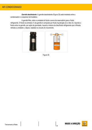 25
Treinamento à Rede
Garrafa desidratante: A garrafa desidratante (Figura 35) está instalada entre o
condensador e o expansor termostático.
A garrafa filtra, retira a umidade do fluído e serve de reservatório para o fluido
refrigerante. O fluido na entrada (1) da garrafa é composto por fluido liquido/gás (2) e óleo (3). Quando o
fluido entra na garrafa, por ação da gravidade, haverá a mistura de óleo/fluido refrigerante que é filtrada,
retirada a umidade e, depois, injetada no circuito (4) novamente.
Figura 35
AR CONDICIONADO
 