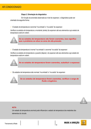 33
Treinamento à Rede
Etapa 2. Orientação do diagnóstico
Em função da anomalia observada ao nível do expansor, o diagnóstico pode ser
orientado da seguinte forma:
 O estado da temperatura é anormal “na entrada” e “na saída” do expansor:
Verificar os estados de temperatura a montante (antes) do expansor até aos elementos cujo estado de
temperatura está em ordem.
 O estado da temperatura é normal “na entrada” e anormal “na saída” do expansor:
Verificar os estados de temperatura a jusante (depois) do expansor até aos elementos cujo estado de
temperatura está em ordem.
 Os estados de temperatura são normais “na entrada” e “na saída” do expansor.
AR CONDICIONADO
NOTA
Um estado de temperatura anormal pode influenciar o estado de temperatura dos restantes dos
elementos do circuito.
Se os estados de temperatura não forem coerentes, isso significa
que o problema se situa na zona de alta pressão.
Se os estados de temperatura forem coerentes, substituir o expansor.
Se os estados de temperatura forem coerentes, verificar a carga de
fluido criogênico.
 