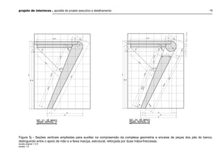 projeto de interiores . apostila de projeto executivo e detalhamento 18
Figura 5j - Seções verticais ampliadas para auxiliar na compreensão da complexa geometria e encaixe de peças dos pés do banco,
distinguindo entre o apoio de mão e a faixa maciça, estrutural, reforçada por duas mãos-francesas.
escala original: 1:2.5
escala: 1:5
 