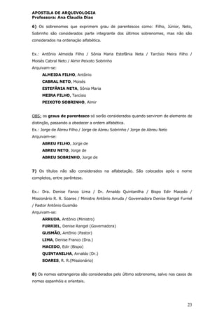 APOSTILA DE ARQUIVOLOGIA
Professora: Ana Claudia Dias
23
6) Os sobrenomes que exprimem grau de parentescos como: Filho, Júnior, Neto,
Sobrinho são considerados parte integrante dos últimos sobrenomes, mas não são
considerados na ordenação alfabética.
Ex.: Antônio Almeida Filho / Sônia Maria Estefânia Neta / Tarcísio Meira Filho /
Moisés Cabral Neto / Almir Peixoto Sobrinho
Arquivam-se:
ALMEIDA FILHO, Antônio
CABRAL NETO, Moisés
ESTEFÂNIA NETA, Sônia Maria
MEIRA FILHO, Tarcísio
PEIXOTO SOBRINHO, Almir
OBS: os graus de parentesco só serão considerados quando servirem de elemento de
distinção, passando a obedecer a ordem alfabética.
Ex.: Jorge de Abreu Filho / Jorge de Abreu Sobrinho / Jorge de Abreu Neto
Arquivam-se:
ABREU FILHO, Jorge de
ABREU NETO, Jorge de
ABREU SOBRINHO, Jorge de
7) Os títulos não são considerados na alfabetação. São colocados após o nome
completos, entre parêntese.
Ex.: Dra. Denise Fanco Lima / Dr. Arnaldo Quintanilha / Bispo Edir Macedo /
Missionário R. R. Soares / Ministro Antônio Arruda / Governadora Denise Rangel Furriel
/ Pastor Antônio Gusmão
Arquivam-se:
ARRUDA, Antônio (Ministro)
FURRIEL, Denise Rangel (Governadora)
GUSMÃO, Antônio (Pastor)
LIMA, Denise Franco (Dra.)
MACEDO, Edir (Bispo)
QUINTANILHA, Arnaldo (Dr.)
SOARES, R. R.(Missionário)
8) Os nomes estrangeiros são considerados pelo último sobrenome, salvo nos casos de
nomes espanhóis e orientais.
 
