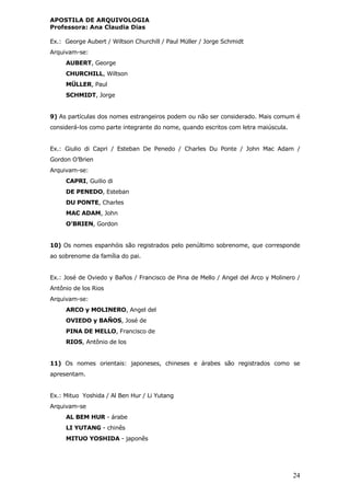 APOSTILA DE ARQUIVOLOGIA
Professora: Ana Claudia Dias
24
Ex.: George Aubert / Wiltson Churchill / Paul Müller / Jorge Schmidt
Arquivam-se:
AUBERT, George
CHURCHILL, Wiltson
MÜLLER, Paul
SCHMIDT, Jorge
9) As partículas dos nomes estrangeiros podem ou não ser considerado. Mais comum é
considerá-los como parte integrante do nome, quando escritos com letra maiúscula.
Ex.: Giulio di Capri / Esteban De Penedo / Charles Du Ponte / John Mac Adam /
Gordon O’Brien
Arquivam-se:
CAPRI, Guilio di
DE PENEDO, Esteban
DU PONTE, Charles
MAC ADAM, John
O’BRIEN, Gordon
10) Os nomes espanhóis são registrados pelo penúltimo sobrenome, que corresponde
ao sobrenome da família do pai.
Ex.: José de Oviedo y Baños / Francisco de Pina de Mello / Angel del Arco y Molinero /
Antônio de los Rios
Arquivam-se:
ARCO y MOLINERO, Angel del
OVIEDO y BAÑOS, José de
PINA DE MELLO, Francisco de
RIOS, Antônio de los
11) Os nomes orientais: japoneses, chineses e árabes são registrados como se
apresentam.
Ex.: Mituo Yoshida / Al Ben Hur / Li Yutang
Arquivam-se
AL BEM HUR - árabe
LI YUTANG - chinês
MITUO YOSHIDA - japonês
 