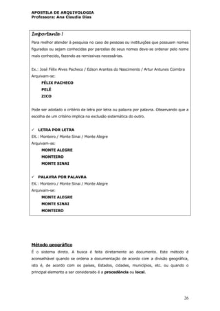 APOSTILA DE ARQUIVOLOGIA
Professora: Ana Claudia Dias
26
Importante !
Para melhor atender à pesquisa no caso de pessoas ou instituições que possuam nomes
figurados ou sejam conhecidas por parcelas de seus nomes deve-se ordenar pelo nome
mais conhecido, fazendo as remissivas necessárias.
Ex.: José Félix Alves Pacheco / Edson Arantes do Nascimento / Artur Antunes Coimbra
Arquivam-se:
FÉLIX PACHECO
PELÉ
ZICO
Pode ser adotado o critério de letra por letra ou palavra por palavra. Observando que a
escolha de um critério implica na exclusão sistemática do outro.
 LETRA POR LETRA
EX.: Monteiro / Monte Sinai / Monte Alegre
Arquivam-se:
MONTE ALEGRE
MONTEIRO
MONTE SINAI
 PALAVRA POR PALAVRA
EX.: Monteiro / Monte Sinai / Monte Alegre
Arquivam-se:
MONTE ALEGRE
MONTE SINAI
MONTEIRO
Método geográfico
É o sistema direto. A busca é feita diretamente ao documento. Este método é
aconselhável quando se ordena a documentação de acordo com a divisão geográfica,
isto é, de acordo com os países, Estados, cidades, municípios, etc. ou quando o
principal elemento a ser considerado é a procedência ou local.
 
