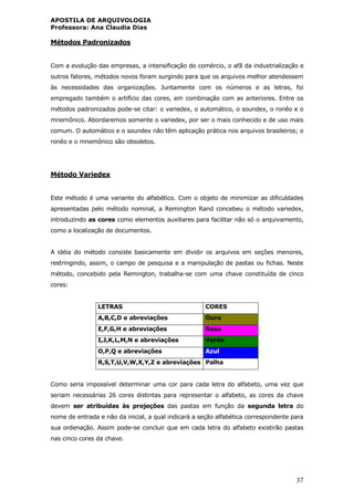 APOSTILA DE ARQUIVOLOGIA
Professora: Ana Claudia Dias
37
Métodos Padronizados
Com a evolução das empresas, a intensificação do comércio, o afã da industrialização e
outros fatores, métodos novos foram surgindo para que os arquivos melhor atendessem
às necessidades das organizações. Juntamente com os números e as letras, foi
empregado também o artifício das cores, em combinação com as anteriores. Entre os
métodos padronizados pode-se citar: o variedex, o automático, o soundex, o ronêo e o
mnemônico. Abordaremos somente o variedex, por ser o mais conhecido e de uso mais
comum. O automático e o soundex não têm aplicação prática nos arquivos brasileiros; o
ronêo e o mnemônico são obsoletos.
Método Variedex
Este método é uma variante do alfabético. Com o objeto de minimizar as dificuldades
apresentadas pelo método nominal, a Remington Rand concebeu o método variedex,
introduzindo as cores como elementos auxiliares para facilitar não só o arquivamento,
como a localização de documentos.
A idéia do método consiste basicamente em dividir os arquivos em seções menores,
restringindo, assim, o campo de pesquisa e a manipulação de pastas ou fichas. Neste
método, concebido pela Remington, trabalha-se com uma chave constituída de cinco
cores:
LETRAS CORES
A,B,C,D e abreviações Ouro
E,F,G,H e abreviações Rosa
I,J,K,L,M,N e abreviações Verde
O,P,Q e abreviações Azul
R,S,T,U,V,W,X,Y,Z e abreviações Palha
Como seria impossível determinar uma cor para cada letra do alfabeto, uma vez que
seriam necessárias 26 cores distintas para representar o alfabeto, as cores da chave
devem ser atribuídas às projeções das pastas em função da segunda letra do
nome de entrada e não da inicial, a qual indicará a seção alfabética correspondente para
sua ordenação. Assim pode-se concluir que em cada letra do alfabeto existirão pastas
nas cinco cores da chave.
 