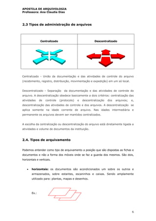 APOSTILA DE ARQUIVOLOGIA
Professora: Ana Claudia Dias
6
2.3 Tipos de administração de arquivos
Centralizado Descentralizado
Centralizado - União da documentação e das atividades de controle do arquivo
(recebimento, registro, distribuição, movimentação e expedição) em um só local.
Descentralizado - Separação da documentação e das atividades de controle do
arquivo. A descentralização obedece basicamente a dois critérios: centralização das
atividades de controle (protocolo) e descentralização dos arquivos; e,
descentralização das atividades de controle e dos arquivos. A descentralização se
aplica somente na idade corrente de arquivo. Nas idades intermediária e
permanente os arquivos devem ser mantidos centralizados.
A escolha da centralização ou descentralização do arquivo está diretamente ligada a
atividades e volume de documentos da instituição.
2.4. Tipos de arquivamento
Podemos entender como tipo de arquivamento a posição que são dispostas as fichas e
documentos e não a forma dos móveis onde se faz a guarda dos mesmos. São dois,
horizontais e verticais.
 horizontais: os documentos são acondicionados um sobre os outros e
armazenados, sobre estantes, escaninhos e caixas. Sendo amplamente
utilizado para: plantas, mapas e desenhos.
Ex.:
 