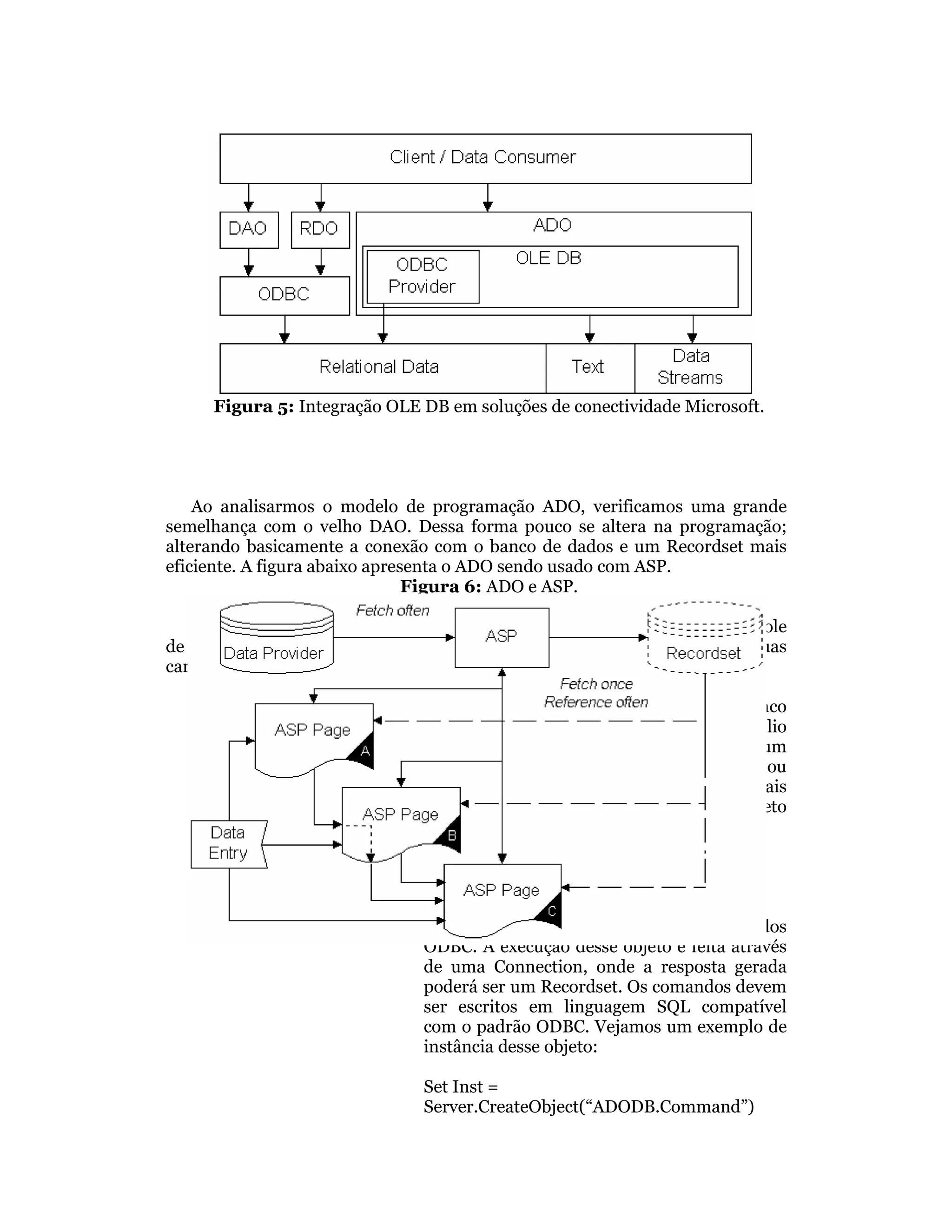 Figura 5: Integração OLE DB em soluções de conectividade Microsoft.




    Ao analisarmos o modelo de programação ADO, verificamos uma grande
semelhança com o velho DAO. Dessa forma pouco se altera na programação;
alterando basicamente a conexão com o banco de dados e um Recordset mais
eficiente. A figura abaixo apresenta o ADO sendo usado com ASP.
                                Figura 6: ADO e ASP.

   No ADO para ASP, encontramos 4 objetos que permitem o acesso e controle
de dados: Connection, Command, Recordset e Field. Vejamos suas
características:

   Connection                 Representa uma conexão ativa com um banco
                              de dados. Essa conexão é realizada com auxílio
                              de uma fonte de dados ODBC, podendo ser um
                              drive para abrir arquivos (MDB, DBF, etc.) ou
                              um SQL Server. Para criarmos os demais
                              objetos devemos ter ao menos um objeto
                              Connection ativo. Exemplo de instância:

                              Set DB =
                              Server.CreateObject(“ADODB.Connection”)

   Command                    Comando a ser executado pela fonte de dados
                              ODBC. A execução desse objeto é feita através
                              de uma Connection, onde a resposta gerada
                              poderá ser um Recordset. Os comandos devem
                              ser escritos em linguagem SQL compatível
                              com o padrão ODBC. Vejamos um exemplo de
                              instância desse objeto:

                              Set Inst =
                              Server.CreateObject(“ADODB.Command”)
 