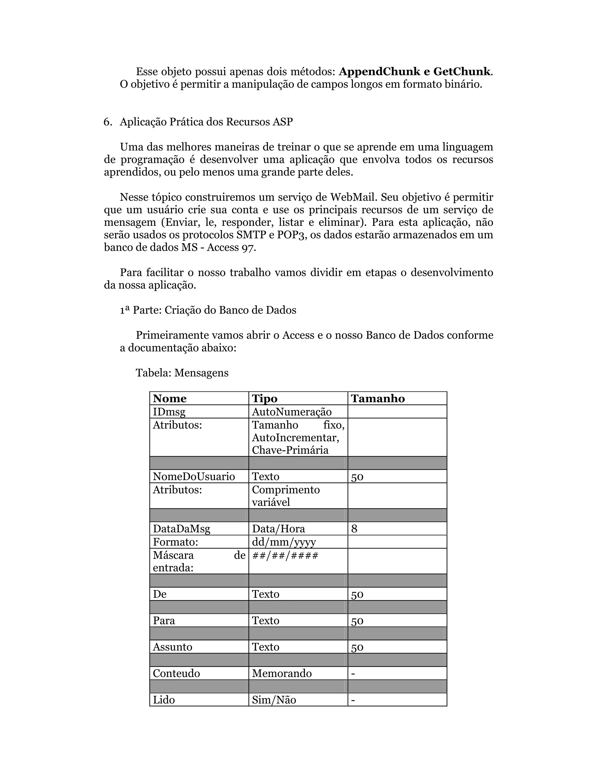 Esse objeto possui apenas dois métodos: AppendChunk e GetChunk.
   O objetivo é permitir a manipulação de campos longos em formato binário.


6. Aplicação Prática dos Recursos ASP

   Uma das melhores maneiras de treinar o que se aprende em uma linguagem
de programação é desenvolver uma aplicação que envolva todos os recursos
aprendidos, ou pelo menos uma grande parte deles.

   Nesse tópico construiremos um serviço de WebMail. Seu objetivo é permitir
que um usuário crie sua conta e use os principais recursos de um serviço de
mensagem (Enviar, le, responder, listar e eliminar). Para esta aplicação, não
serão usados os protocolos SMTP e POP3, os dados estarão armazenados em um
banco de dados MS - Access 97.

   Para facilitar o nosso trabalho vamos dividir em etapas o desenvolvimento
da nossa aplicação.

   1ª Parte: Criação do Banco de Dados

      Primeiramente vamos abrir o Access e o nosso Banco de Dados conforme
   a documentação abaixo:

      Tabela: Mensagens

         Nome                Tipo               Tamanho
         IDmsg               AutoNumeração
         Atributos:          Tamanho      fixo,
                             AutoIncrementar,
                             Chave-Primária

         NomeDoUsuario       Texto              50
         Atributos:          Comprimento
                             variável

         DataDaMsg           Data/Hora          8
         Formato:            dd/mm/yyyy
         Máscara          de ##/##/####
         entrada:

         De                  Texto              50

         Para                Texto              50

         Assunto             Texto              50

         Conteudo            Memorando          -

         Lido                Sim/Não            -
 