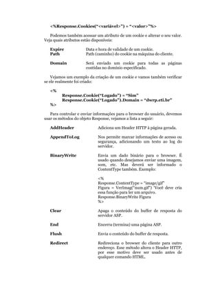 <%Response.Cookies(“<variável>”) = “<valor>”%>

   Podemos também acessar um atributo de um cookie e alterar o seu valor.
Veja quais atributos estão disponíveis:

   Expire             Data e hora de validade de um cookie.
   Path               Path (caminho) do cookie na máquina do cliente.

   Domain             Será enviado um cookie para todas as páginas
                      contidas no domínio especificado.

    Vejamos um exemplo da criação de um cookie e vamos também verificar
se ele realmente foi criado:

   <%
           Response.Cookie(“Logado”) = “Sim”
           Response.Cookie(“Logado”).Domain = “dwrp.eti.br”
   %>

   Para controlar e enviar informações para o browser do usuário, devemos
usar os métodos do objeto Response, vejamos a lista a seguir:

   AddHeader                Adiciona um Header HTTP à página gerada.

   AppendToLog              Nos permite marcar informações de acesso ou
                            segurança, adicionando um texto ao log do
                            servidor.

   BinaryWrite              Envia um dado binário para o browser. É
                            usado quando desejamos enviar uma imagem,
                            som, etc. Mas deverá ser informado o
                            ContentType também. Exemplo:

                            <%
                            Response.ContentType = “image/gif”
                            Figura = VerImag(“num.gif”) ‘Você deve cria
                            essa função para ler um arquivo.
                            Response.BinaryWrite Figura
                            %>

   Clear                    Apaga o conteúdo do buffer de resposta do
                            servidor ASP.

   End                      Encerra (termina) uma página ASP.

   Flush                    Envia o conteúdo do buffer de resposta.

   Redirect                 Redireciona o browser do cliente para outro
                            endereço. Esse método altera o Header HTTP,
                            por esse motivo deve ser usado antes de
                            qualquer comando HTML.
 