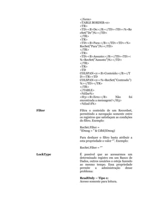 </form>
           <TABLE BORDER=0>
           <TR>
           <TD><B>De:</B></TD><TD><%=Re
           cSet("De")%></TD>
           </TR>
           <TR>
           <TD><B>Para:</B></TD><TD><%=
           RecSet("Para")%></TD>
           </TR>
           <TR>
           <TD><B>Assunto:</B></TD><TD><
           %=RecSet("Assunto")%></TD>
           </TR>
           <TR>
           <TD
           COLSPAN=2><B>Conteúdo:</B></T
           D><TR><TD
           COLSPAN=2><%=RecSet("Conteudo")
           %></TD></TR>
           </TR>
           </TABLE>
           <%Else%>
           <H3><B>Erro:</B>        Não  foi
           encontrada a mensagem!</H3>
           <%End if%>

Filter     Filtra o conteúdo de um Recordset,
           permitindo a navegação somente entre
           os registros que satisfaçam as condições
           do filtro. Exemplo:

           RecSet.Filter =
           “IDmsg = ” & Cdbl(IDmsg)

           Para desfazer o filtro basta atribuir a
           esta propriedade o valor “”. Exemplo:

           RecSet.Filter = “”

LockType   É possível que ao acessarmos um
           determinado registro em um Banco de
           Dados, outros usuários o esteja fazendo
           ao mesmo tempo. Essa propriedade
           permite    a    administração      desse
           problema:

           ReadOnly – Tipo 1:
           Acesso somente para leitura.
 