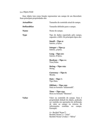 5.4. Objeto Field

   Esse objeto tem como função representar um campo de um Recordset.
Suas principais propriedades são:

   ActualSize                   Tamanho do conteúdo atual do campo.

   DefinedSize                  Tamanho definido para o campo.

   Name                         Nome do campo.

   Type                         Tipo de dados suportado pelo campo,
                                segundo o ADO. Os principais tipos são:

                                Small – Tipo 2:
                                Inteiro, 2 bytes.

                                Integer – Tipo 3:
                                Inteiro, 4 bytes.

                                Long - Tipo 20:
                                Inteiro, 8 bytes.

                                Boolean – Tipo 11:
                                True/False.

                                String – Tipo 129:
                                String.

                                Currency – Tipo 6:
                                Moeda.

                                Date – Tipo 7:
                                Tipo Data.

                                DBDate – Tipo 133:
                                Data no formato “aaaammdd”.

                                Time – Tipo 134:
                                Hora no formato “hhmmss”.

   Value                        Valor ou conteúdo do campo. Essa é
                                propriedade default do objeto, podendo
                                ser omitida em operações de atribuição
                                de valor ao campo ou retorno de
                                informações contidas no campo.
                                Exemplo:

                                A = RecSet(“Nome”)
                                RecSet(“Nome”) = “João"
                                RecSet(“Nome”).Value = “Silvia”
 