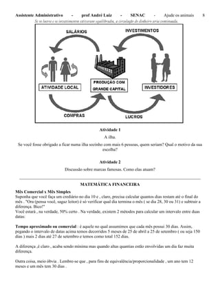 Assistente Administrativo - prof André Luiz - SENAC - Ajude os animais 8
Atividade 1
A ilha.
Se você fosse obrigado a ficar numa ilha sozinho com mais 6 pessoas, quem seriam? Qual o motivo da sua
escolha?
Atividade 2
Discussão sobre marcas famosas. Como elas atuam?
____________________________________________________________________________________
MATEMÁTICA FINANCEIRA
Mês Comercial x Mês Simples
Suponha que você faça um crediário no dia 10 e , claro, precisa calcular quantos dias restam até o final do
mês . "Ora (pensa você, sagaz leitor) é só verificar qual dia termina o mês ( se dia 28, 30 ou 31) e subtrair a
diferença. Bico!"
Você estará , na verdade, 50% certo . Na verdade, existem 2 métodos para calcular um intervalo entre duas
datas:
Tempo aproximado ou comercial : é aquele no qual assumimos que cada mês possui 30 dias. Assim,
pegando o intervalo de datas acima temos decorridos 5 meses de 25 de abril a 25 de setembro ( ou seja 150
dias ) mais 2 dias até 27 de setembro e temos como total 152 dias.
A diferença ,é claro , acaba sendo mínima mas quando altas quantias estão envolvidas um dia faz muita
diferença.
Outra coisa, meio óbvia . Lembre-se que , para fins de equivalência/proporcionalidade , um ano tem 12
meses e um mês tem 30 dias .
 