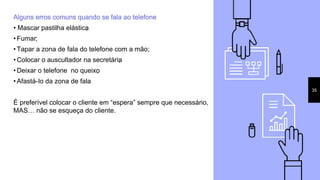Alguns erros comuns quando se fala ao telefone
• Mascar pastilha elástica;
• Fumar;
• Tapar a zona de fala do telefone com a mão;
• Colocar o auscultador na secretária;
• Deixar o telefone no queixo;
• Afastá-lo da zona de fala.
É preferível colocar o cliente em “espera” sempre que necessário,
MAS… não se esqueça do cliente.
35
 