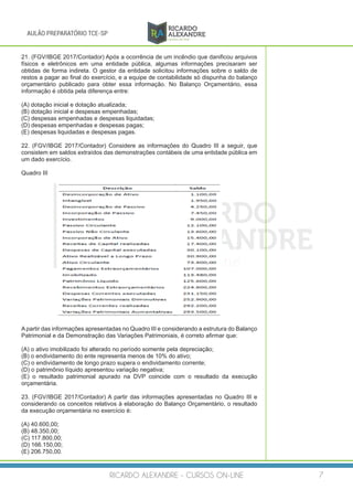 RICARDO ALEXANDRE - CURSOS ON-LINE 7
AULÃO PREPARATÓRIO TCE-SP
21. (FGV/IBGE 2017/Contador) Após a ocorrência de um incêndio que danificou arquivos
físicos e eletrônicos em uma entidade pública, algumas informações precisaram ser
obtidas de forma indireta. O gestor da entidade solicitou informações sobre o saldo de
restos a pagar ao final do exercício, e a equipe de contabilidade só dispunha do balanço
orçamentário publicado para obter essa informação. No Balanço Orçamentário, essa
informação é obtida pela diferença entre:
(A) dotação inicial e dotação atualizada;
(B) dotação inicial e despesas empenhadas;
(C) despesas empenhadas e despesas liquidadas;
(D) despesas empenhadas e despesas pagas;
(E) despesas liquidadas e despesas pagas.
22. (FGV/IBGE 2017/Contador) Considere as informações do Quadro III a seguir, que
consistem em saldos extraídos das demonstrações contábeis de uma entidade pública em
um dado exercício.
Quadro III
A partir das informações apresentadas no Quadro III e considerando a estrutura do Balanço
Patrimonial e da Demonstração das Variações Patrimoniais, é correto afirmar que:
(A) o ativo imobilizado foi alterado no período somente pela depreciação;
(B) o endividamento do ente representa menos de 10% do ativo;
(C) o endividamento de longo prazo supera o endividamento corrente;
(D) o patrimônio líquido apresentou variação negativa;
(E) o resultado patrimonial apurado na DVP coincide com o resultado da execução
orçamentária.
23. (FGV/IBGE 2017/Contador) A partir das informações apresentadas no Quadro III e
considerando os conceitos relativos à elaboração do Balanço Orçamentário, o resultado
da execução orçamentária no exercício é:
(A) 40.600,00;
(B) 48.350,00;
(C) 117.800,00;
(D) 166.150,00;
(E) 206.750,00.
 
