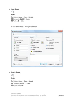 ANDRÉ GUALANO
CURSO DE AUTOCAD 2013-2D, TREINAMENTO BÁSICO - 1º EDIÇÃO Página 19
• Criar Bloco
Botão
Ribbon: Home Block Create
Comando: BLOCK + Enter
Atalho: B + Enter
Caixa de diálogo Definição de bloco
• Inserir Bloco
Botão
Ribbon: Home Block Insert
Comando: INSERT + Enter
Atalho: I + Enter
 