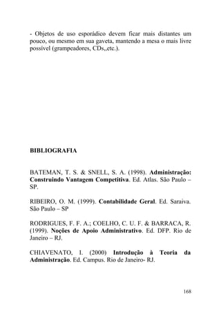 - Objetos de uso esporádico devem ficar mais distantes um
pouco, ou mesmo em sua gaveta, mantendo a mesa o mais livre
possível (grampeadores, CDs,,etc.).
BIBLIOGRAFIA
BATEMAN, T. S. & SNELL, S. A. (1998). Administração:
Construindo Vantagem Competitiva. Ed. Atlas. São Paulo –
SP.
RIBEIRO, O. M. (1999). Contabilidade Geral. Ed. Saraiva.
São Paulo – SP
RODRIGUES, F. F. A.; COELHO, C. U. F. & BARRACA, R.
(1999). Noções de Apoio Administrativo. Ed. DFP. Rio de
Janeiro – RJ.
CHIAVENATO, I. (2000) Introdução à Teoria da
Administração. Ed. Campus. Rio de Janeiro- RJ.
168
 